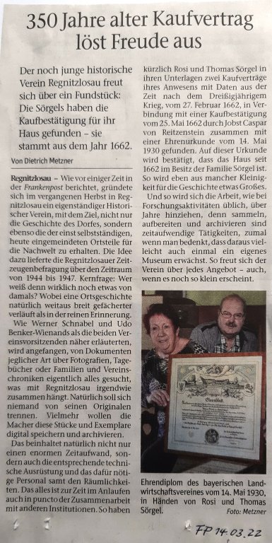 Frankenpost - Rosi Sörgel Urkunde FP 14.03.2022