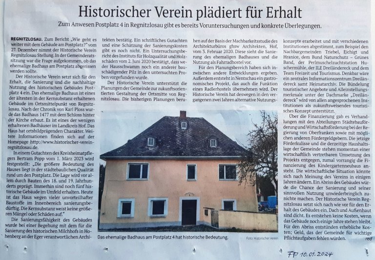 Frankenpost 10.01.2024 Historischer Verein plädiert für Erhalt