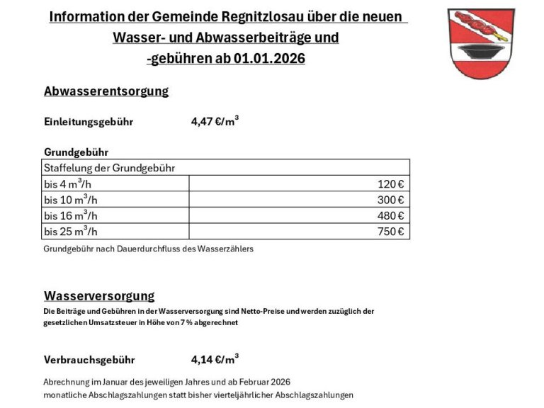 Information über Wasser- und Abwasserbeiträge und -gebühren ab 01.01.2026